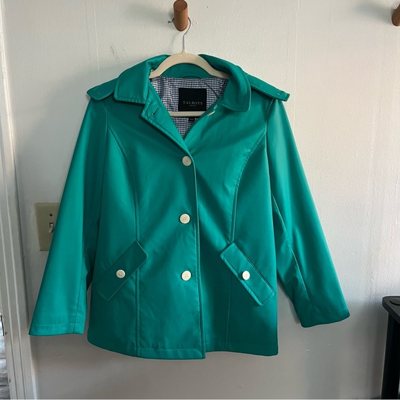 Talbots Jackets & Blazers - Talbots Petite Women’s Rain Coat Jacket Blue Green Gingham Hooded Zip Preppy